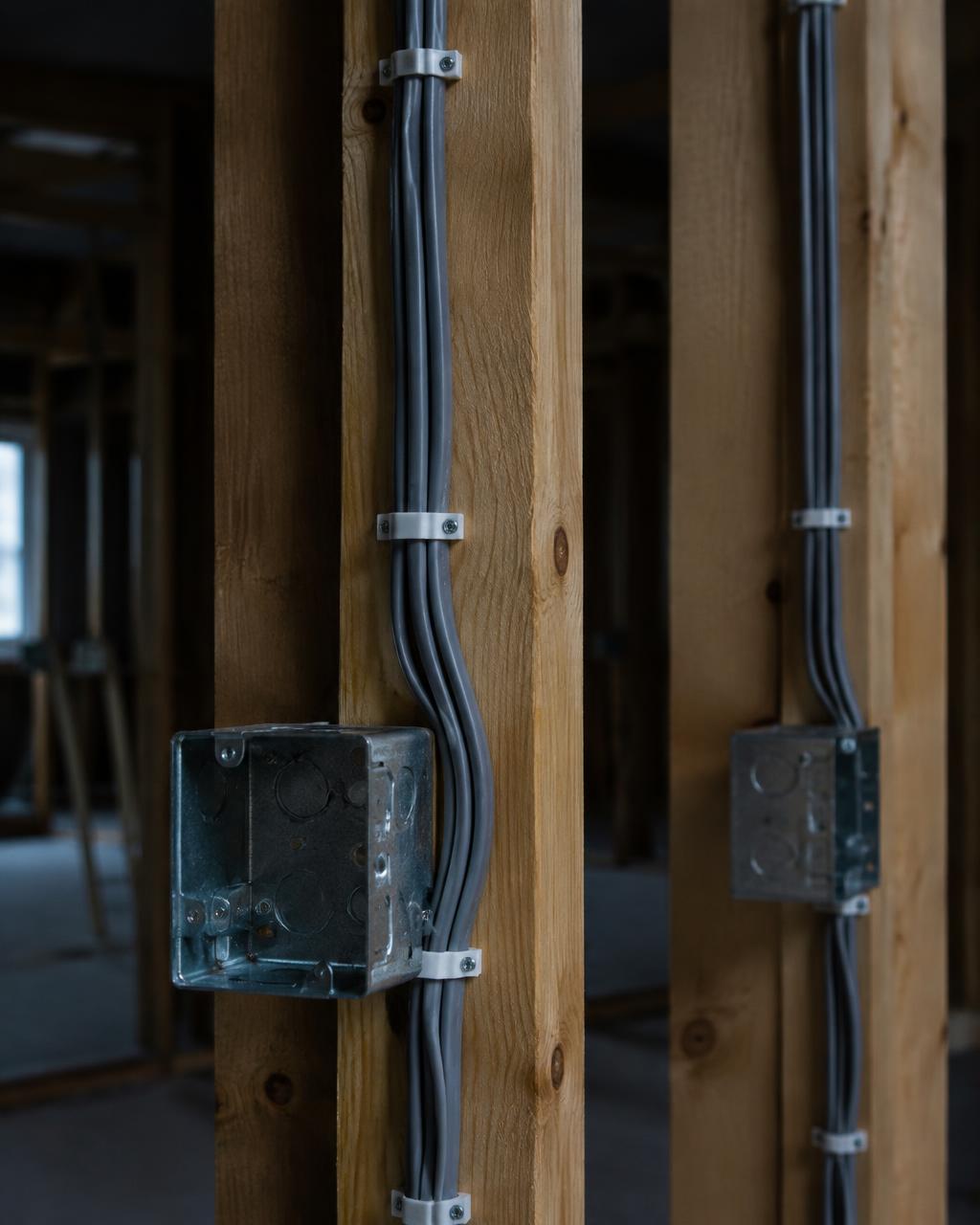 First fix cabling and back boxes in a timber stud wall on a construction site