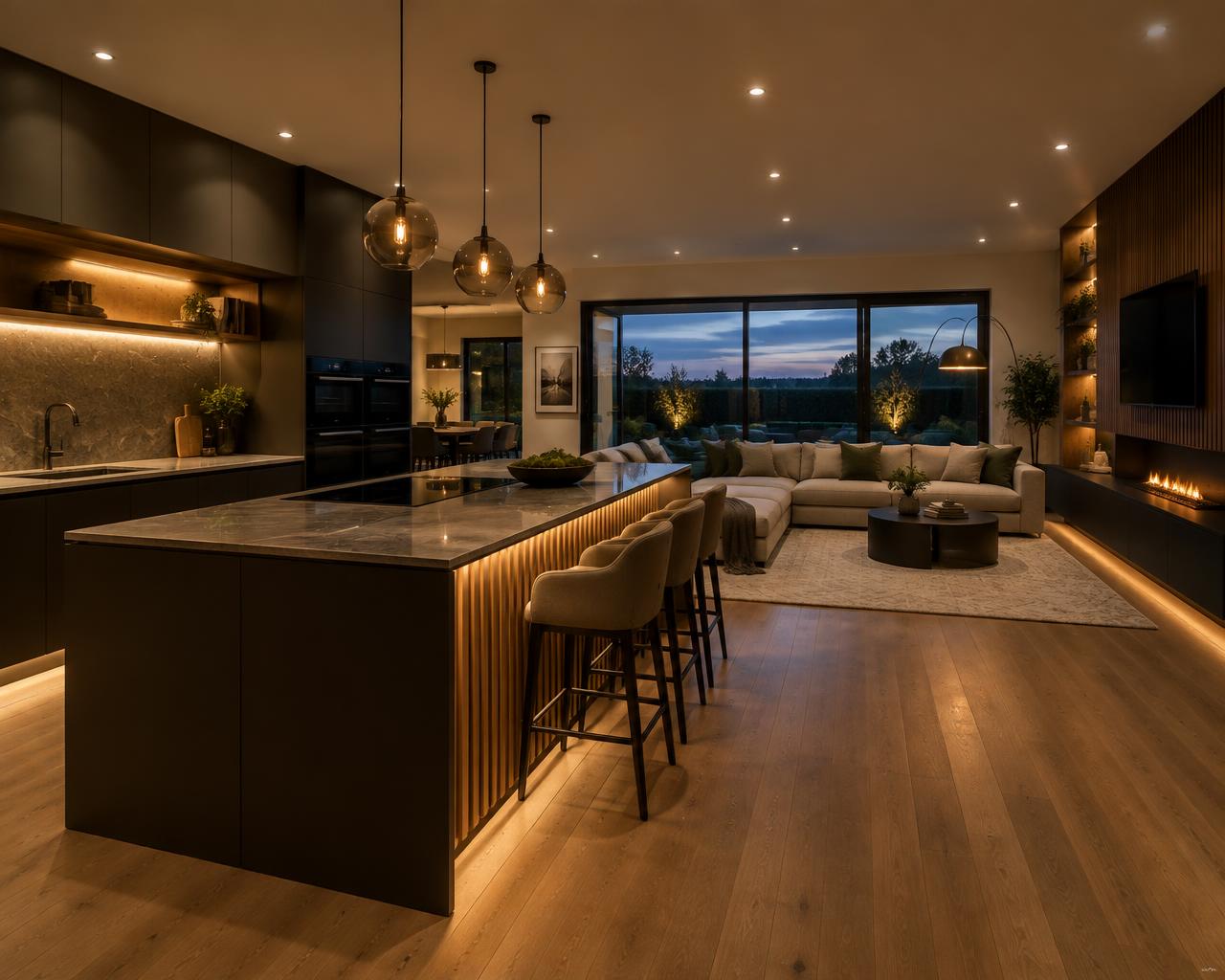 Modern home interior with recessed and feature lighting